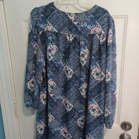 Emma & Michele 1X Tunic Style Dress Blue/Cream/Pink Pattern Lace Up Bust - Picture 8 of 12